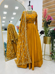 Radiant Yellow Fox Georgette Sequin Embroidered Gown with Dupatta