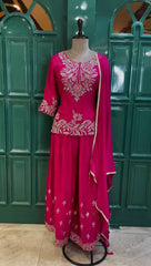 Rani Pink Designer Party Wear Chinon Silk Set – Embroidered Top, Plazzo & Dupatta