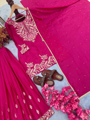 Rani Pink Designer Party Wear Chinon Silk Set – Embroidered Top, Plazzo & Dupatta