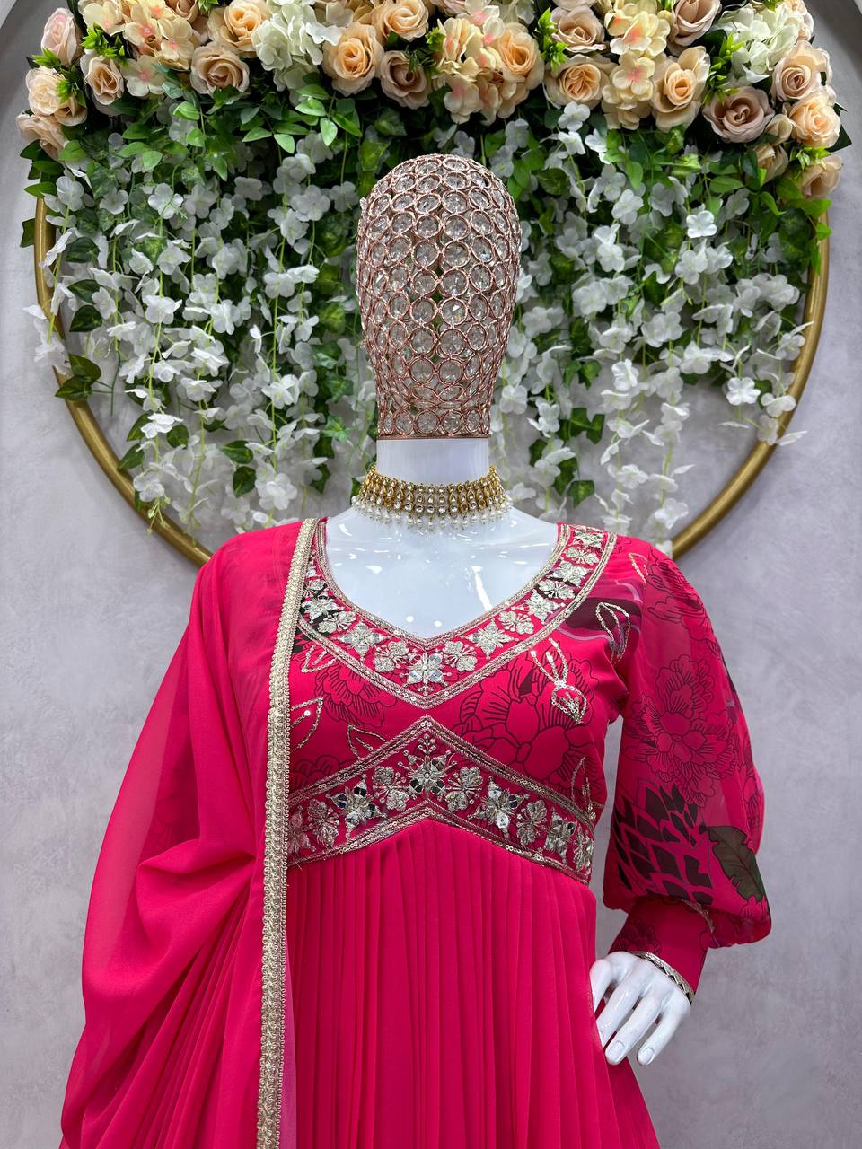 Rani Pink Designer Suit – Heavy Faux Georgette with Digital Print, Thread & Sequence Work