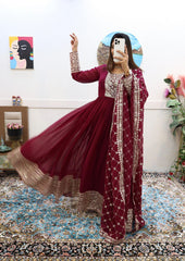 Rani Pink Fox Georgette Gown with Sequin & Codding Embroidery, Matching Dupatta