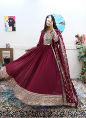Rani Pink Fox Georgette Gown with Sequin & Codding Embroidery, Matching Dupatta