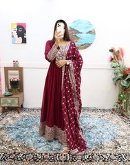 Rani Pink Fox Georgette Gown with Sequin & Codding Embroidery, Matching Dupatta