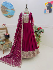 Rani Pink Fox Georgette Gown with Sequin & Codding Embroidery, Matching Dupatta