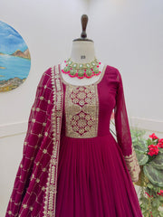 Rani Pink Fox Georgette Gown with Sequin & Codding Embroidery, Matching Dupatta
