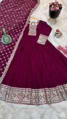Rani Pink Fox Georgette Gown with Sequin & Codding Embroidery, Matching Dupatta