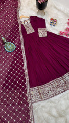 Rani Pink Fox Georgette Gown with Sequin & Codding Embroidery, Matching Dupatta