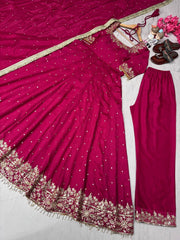 Rani Pink Party Wear Pure Vichitra Silk Anarkali Gown Set with Dupatta