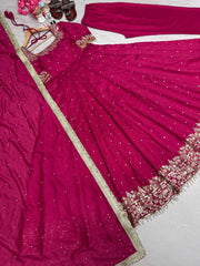 Rani Pink Party Wear Pure Vichitra Silk Anarkali Gown Set with Dupatta