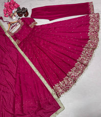 Rani Pink Party Wear Pure Vichitra Silk Anarkali Gown Set with Dupatta