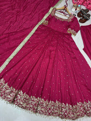 Rani Pink Party Wear Pure Vichitra Silk Anarkali Gown Set with Dupatta