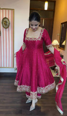 Rani Pink Party Wear Pure Vichitra Silk Anarkali Gown Set with Dupatta