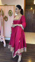 Rani Pink Party Wear Pure Vichitra Silk Anarkali Gown Set with Dupatta