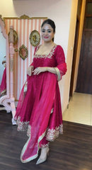Rani Pink Party Wear Pure Vichitra Silk Anarkali Gown Set with Dupatta