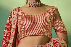 Red Embroidered Georgette Lehenga Set with Sequins Work | Semi-Stitched Lehenga & Unstitched Blouse