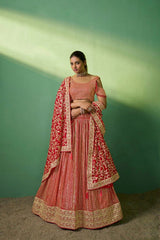 Red Embroidered Georgette Lehenga Set with Sequins Work | Semi-Stitched Lehenga & Unstitched Blouse