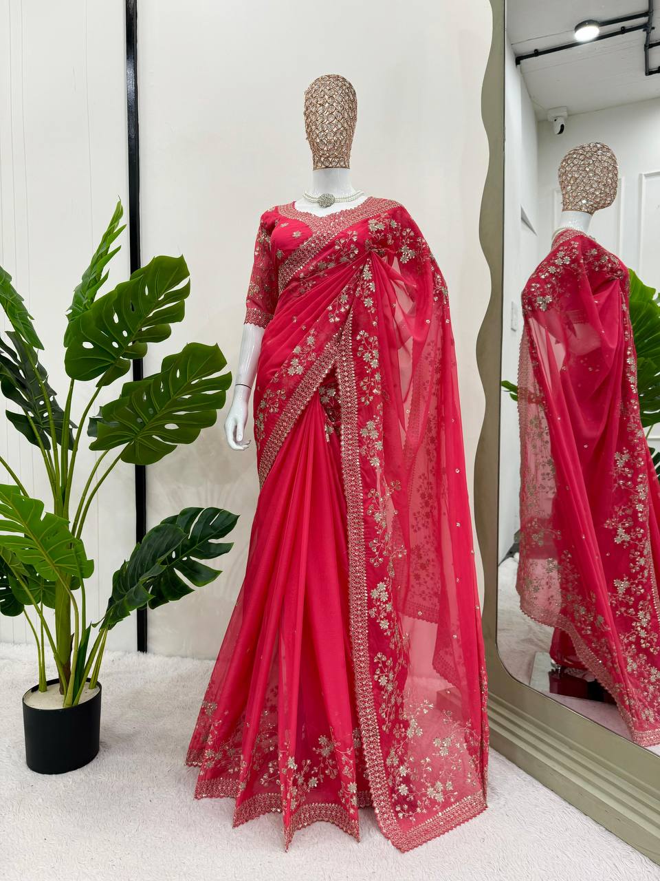 Regal Red Designer Saree in Tibby Silk with Thread & Sequin Work