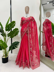 Regal Red Designer Saree in Tibby Silk with Thread & Sequin Work