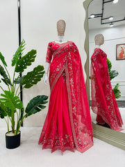Regal Red Designer Saree in Tibby Silk with Thread & Sequin Work