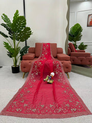 Regal Red Designer Saree in Tibby Silk with Thread & Sequin Work