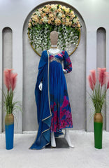 Royal Blue Designer Suit – Heavy Faux Georgette with Digital Print, Thread & Sequence Work