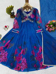 Royal Blue Designer Suit – Heavy Faux Georgette with Digital Print, Thread & Sequence Work