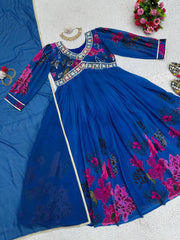 Royal Blue Designer Suit – Heavy Faux Georgette with Digital Print, Thread & Sequence Work