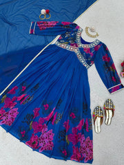 Royal Blue Designer Suit – Heavy Faux Georgette with Digital Print, Thread & Sequence Work
