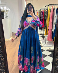 Royal Blue Designer Suit – Heavy Faux Georgette with Digital Print, Thread & Sequence Work