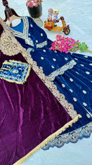 Royal Blue Velvet Embroidered Sharara Suit Set with Matching Dupatta & Purse