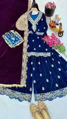 Royal Blue Velvet Embroidered Sharara Suit Set with Matching Dupatta & Purse