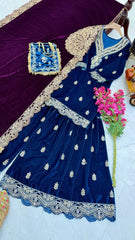 Royal Blue Velvet Embroidered Sharara Suit Set with Matching Dupatta & Purse