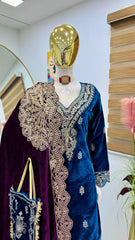 Royal Blue Velvet Embroidered Sharara Suit Set with Matching Dupatta & Purse