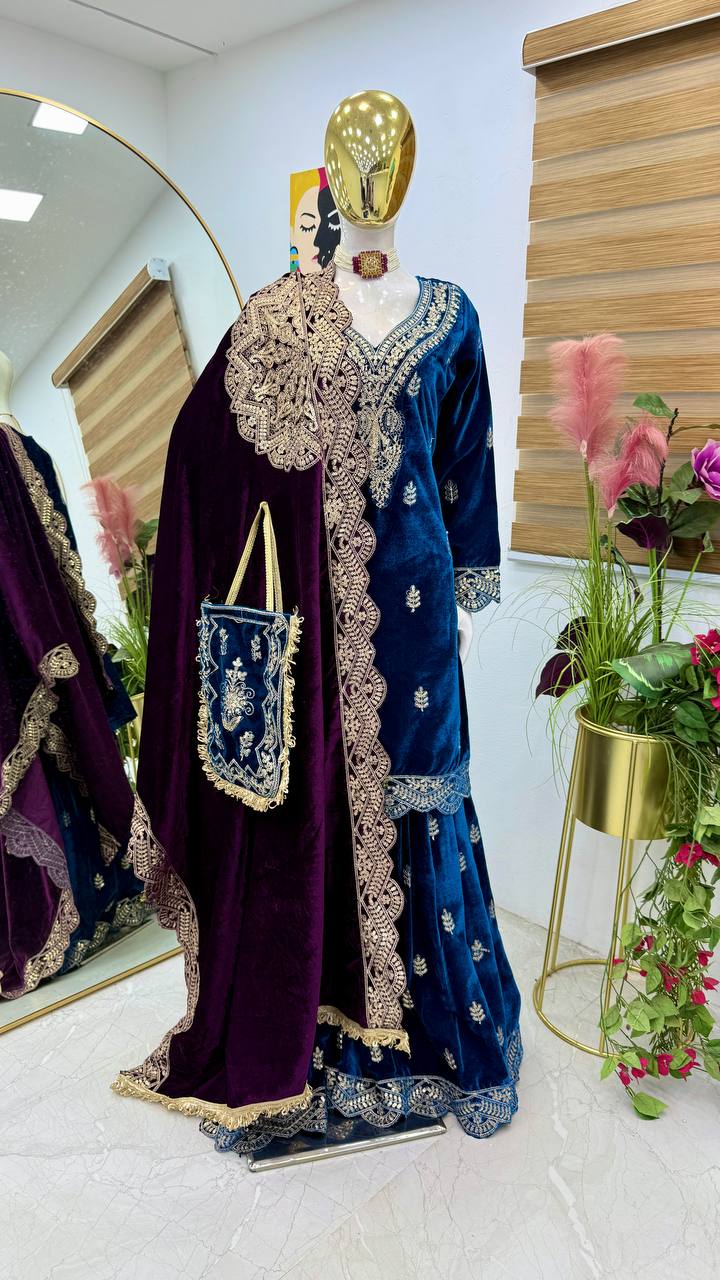Royal Blue Velvet Embroidered Sharara Suit Set with Matching Dupatta & Purse