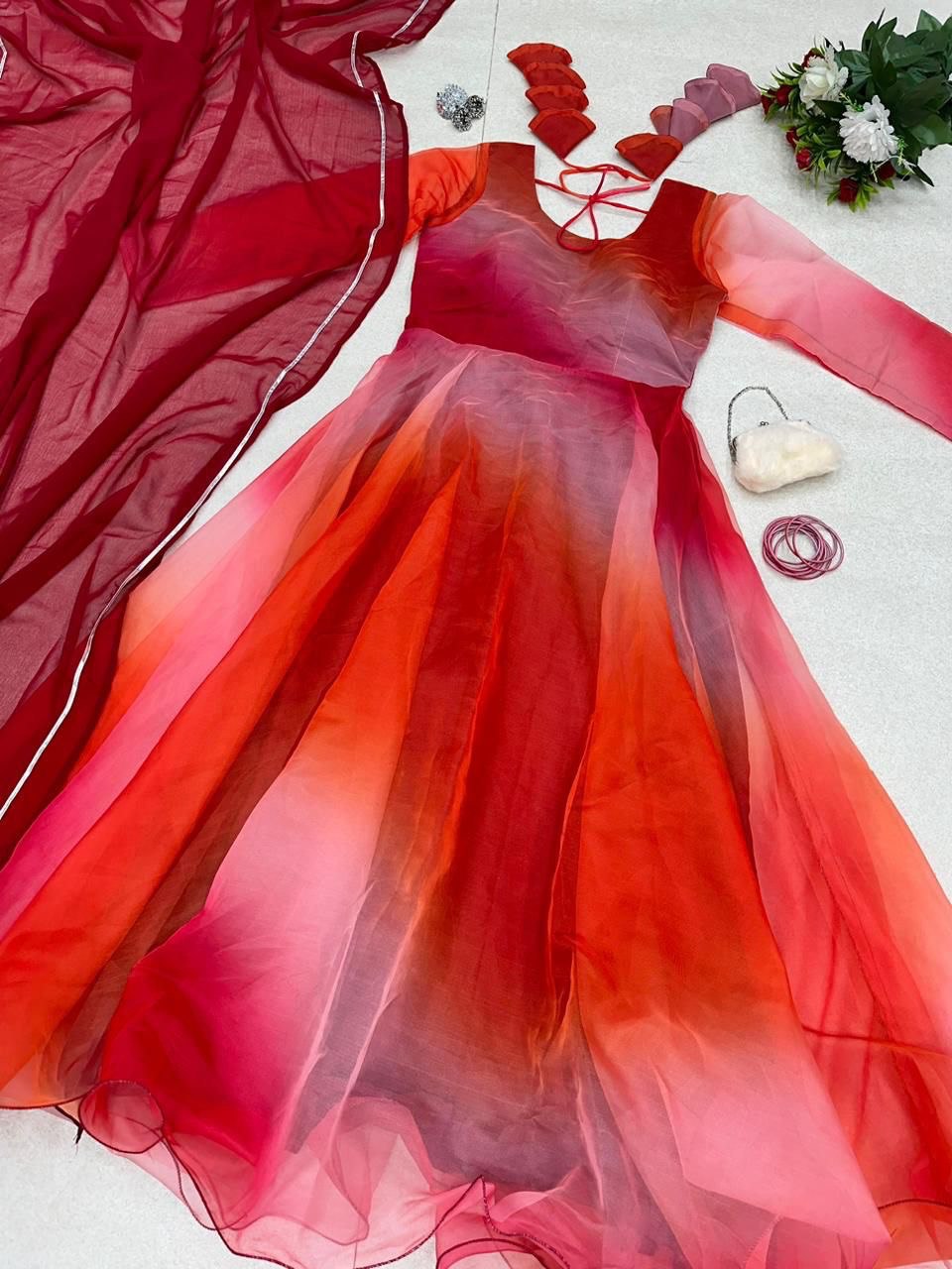 Organza Silk Red Color Digital Printed Anarkali Gown