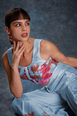 Sky Blue Satin Printed Co-Ord Set | Chic & Comfy Top + Pant Combo | Ready to Wear (XS–XXL)
