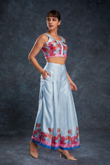 Sky Blue Satin Printed Co-Ord Set | Chic & Comfy Top + Pant Combo | Ready to Wear (XS–XXL)
