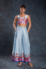 Sky Blue Satin Printed Co-Ord Set | Chic & Comfy Top + Pant Combo | Ready to Wear (XS–XXL)