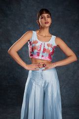 Sky Blue Satin Printed Co-Ord Set | Chic & Comfy Top + Pant Combo | Ready to Wear (XS–XXL)