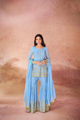 Sky Blue Sequin Embroidered Georgette Sharara Set with Dupatta | Ready to Wear | Sizes XS-XXL
