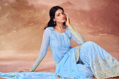 Sky Blue Sequin Embroidered Georgette Sharara Set with Dupatta | Ready to Wear | Sizes XS-XXL