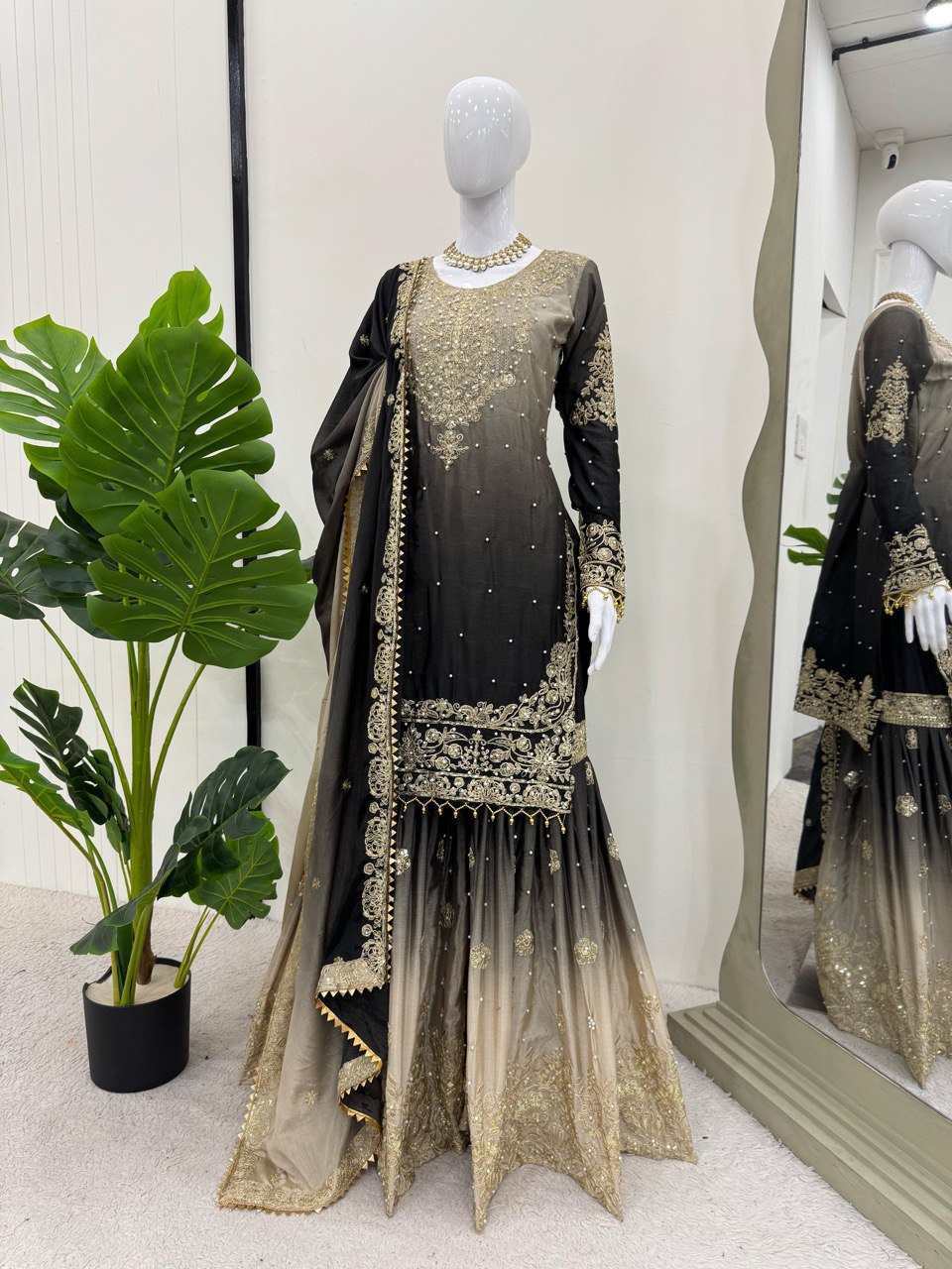 Stunning Black Designer Suit – Heavy Chinon Fabric with Sharara & Dupatta