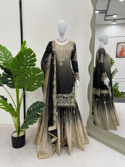 Stunning Black Designer Suit – Heavy Chinon Fabric with Sharara & Dupatta