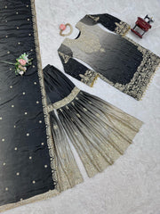 Stunning Black Designer Suit – Heavy Chinon Fabric with Sharara & Dupatta