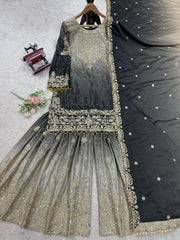 Stunning Black Designer Suit – Heavy Chinon Fabric with Sharara & Dupatta