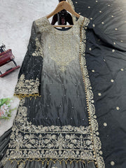 Stunning Black Designer Suit – Heavy Chinon Fabric with Sharara & Dupatta