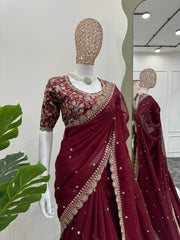 Stunning Rani Pink Designer Saree with Thread & Sequin Work