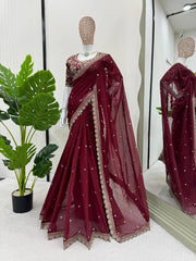 Stunning Rani Pink Designer Saree with Thread & Sequin Work