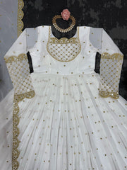 Stunning White Designer Gown with Matching Dupatta - Faux Georgette & Sequin Work