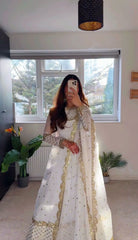 Stunning White Designer Gown with Matching Dupatta - Faux Georgette & Sequin Work